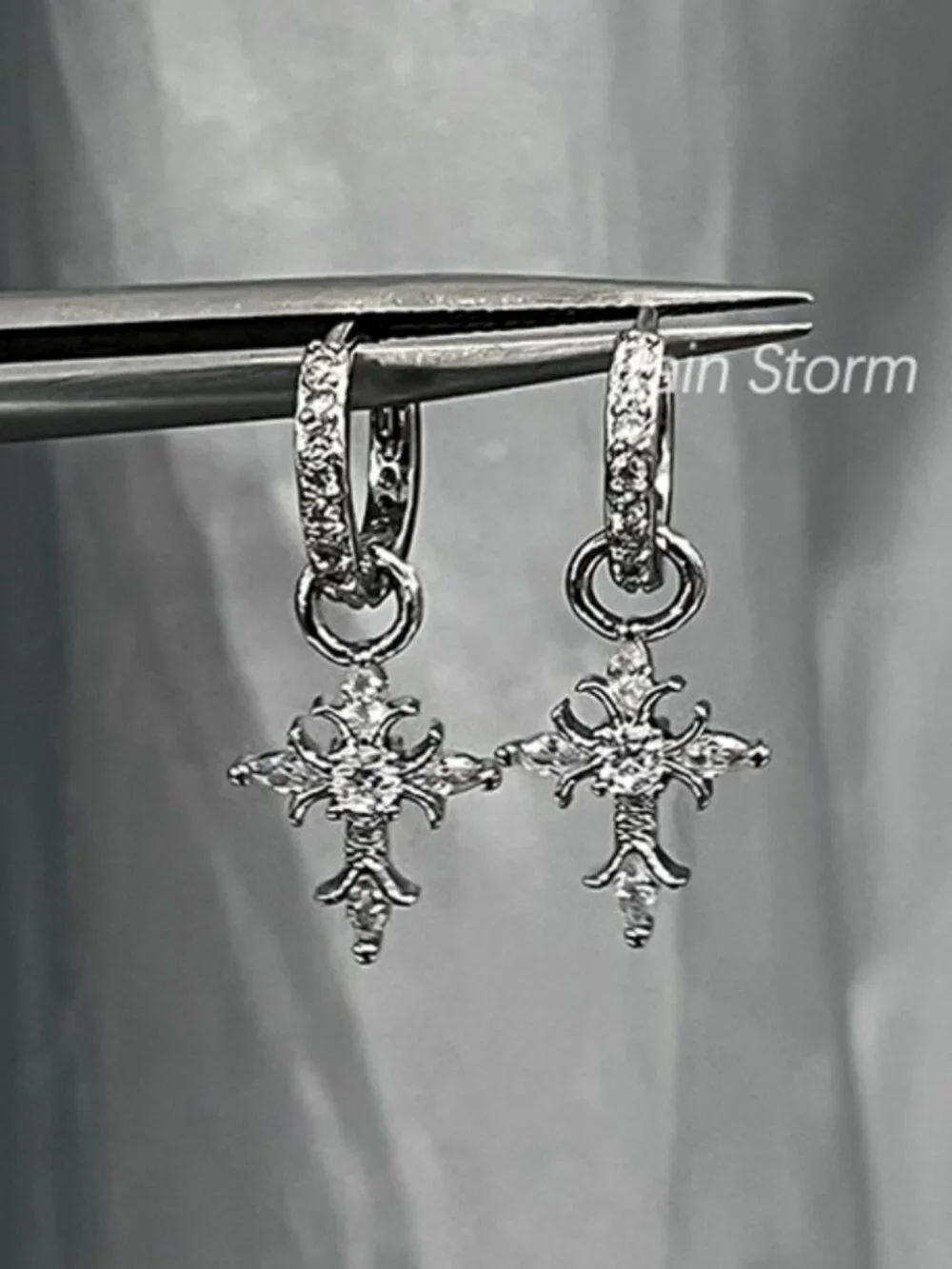 MOS COLLECTION Silver Cross Drop Hoop Earrings CZ Gothic Cross Dangle Earrings
